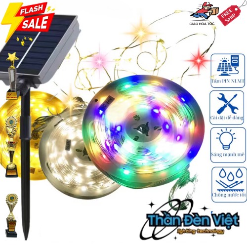 Đèn led dây trang trí sân vườn năng lượng mặt trời 20 mét đa sắc